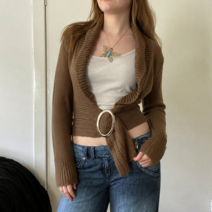 American Autumn Winter Vintage Wide Lapel Metal Ring Waist Cinching <b>Cardigan</b> Elegant Warm Trendy <b>Knit</b> Outerwear - Product Image 1