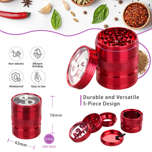 Molinillo de Hierbas Secas de Aleación de Aluminio Rojo, 5 Piezas, Estilo Moderno Redondo con Tapa Transparente y Cuchilla - Product Image 2