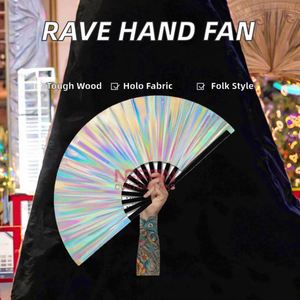 Hot Sale Clack Rave Folding Hand <b>Fan</b> Folk Art Iridescent Holographic Fabric 33cm PVC Hand <b>Fan</b> - Product Image 3