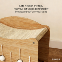 Arbre à chat surélevé moderne et durable à 2 niveaux avec poteaux à gratter en sisal, lit en bois massif, griffoir d'intérieur et jouets suspendus, emballage en carton