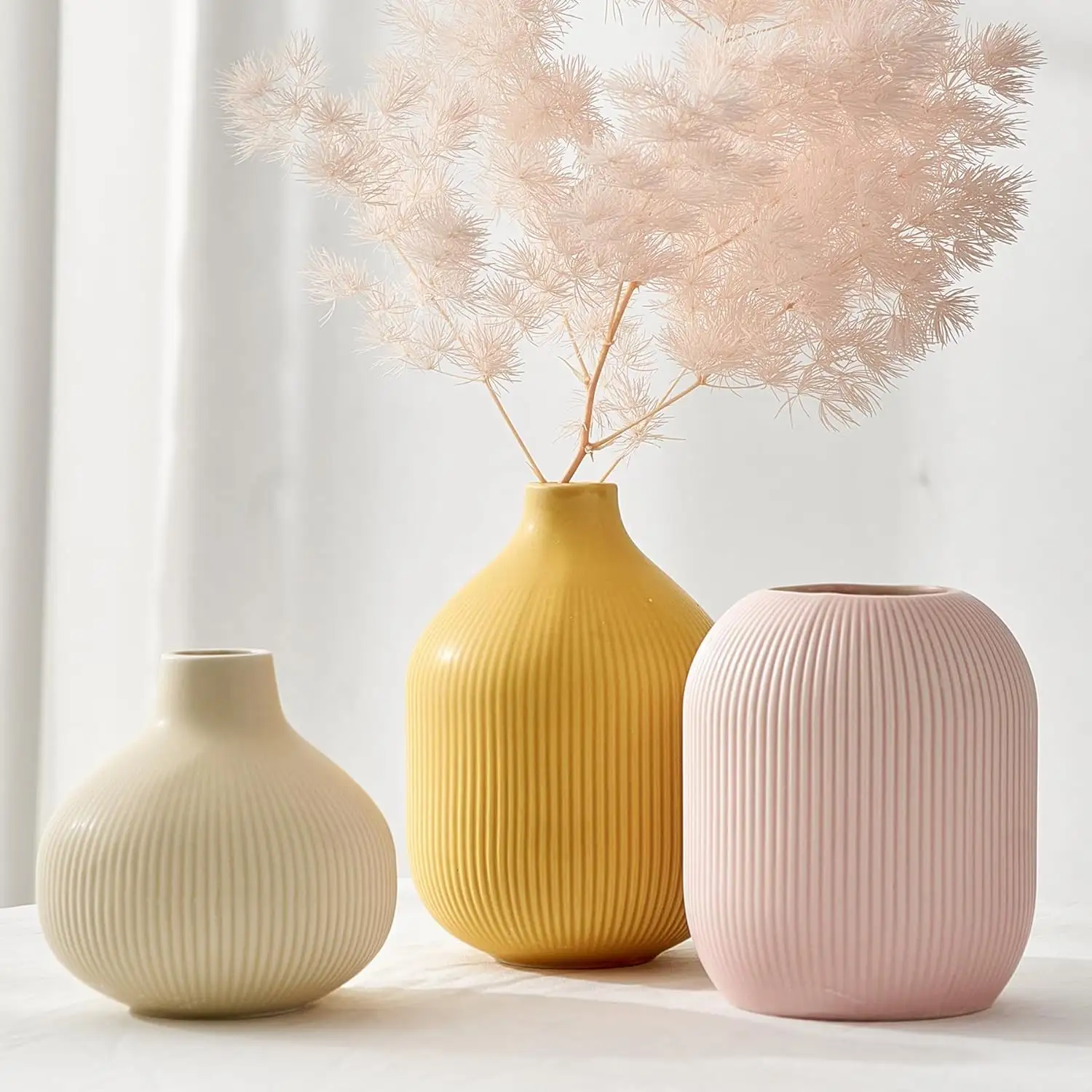 Octdays Farmhouse Vase en céramique Décor: Petit Boho s Ensemble de 3 pour la maison Moderne Minimaliste Fower s Neutre Côtelé Salon Centre