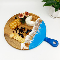 Planche à découper en bois d'acacia avec poignée, en résine époxy ronde personnalisée, pour la cuisine, les steaks, les fruits, le pain, la préparation culinaire
