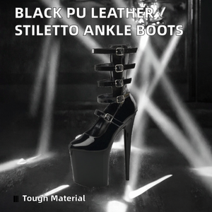 Sexy 20cm Stiletto <b>Heel</b> Boots Solid Black PU Leather Buckle for Fashionable Women's Winter Pole <b>Dance</b> Practice Featuring ABS - Product Image 2