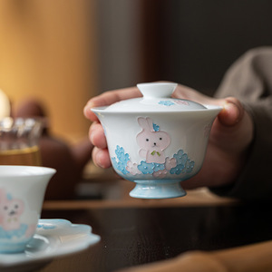 Hand Painted Rabbit Gaiwan Porcelain Covered <b>Teacup</b> With Lid For Kung Fu Tea Set Afternoon Tea Use - Product Image 2