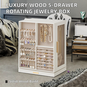Furbish Home Decor - Caja Organizadora de Joyas de Madera de Lujo con 5 Cajones, Rotación Vertical de 360°, Diseño Abierto con Ventana de Vidrio - Product Image 2