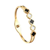 Cadeaux personnalisés, bracelets et joncs en zircon noir et blanc, trèfle à quatre feuilles, bijoux en acier inoxydable