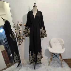 长袖设计迪拜连衣裙珍珠奢华卡夫坦时尚阿巴亚伊斯兰服装穆斯林连衣裙