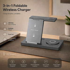 ที่วางโทรศัพท์ 3 in 1 แท่นชาร์จไร้สายแบบพับได้ 15W ขดลวดคู่ พร้อมแผ่นรองนาฬิกา จัดตำแหน่งแม่เหล็ก ชาร์จเร็ว - Product Image 2