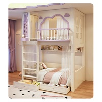 Lit superposé pour enfants JS New Style Purple Theme avec toboggan, structure en bois massif avec rangement, lit princesse pour chambre de fille, ensemble de meubles