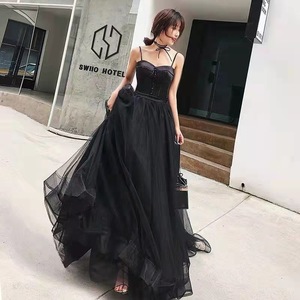 Black Halter Backless Ball Gown Evening Dress Satin Floor Length With Trail Natural Waistline For Banquets Performances - Product Image 3