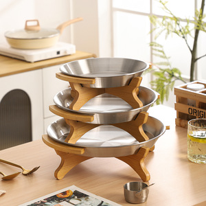 Stainless Steel Fruit <b>Plate</b> With Bamboo Frame Multi Layer Dessert Snack Storage <b>Rack</b> Simple Style Solid Color - Product Image 2