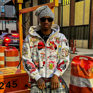 Sweat à capuche zippé pour homme en coton côtelé à ourlet court, style Y2K, avec impression graphique personnalisée - Product Image 1