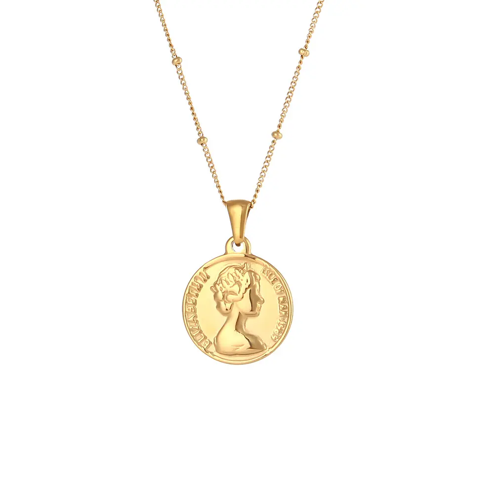 Fast shipping stainless steel jewels 18k gold embossed queen necklace jewelry vintage coin pendent necklace