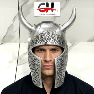 Casque Viking CHk, Mythologie Nordique, Cornu, Valhalla, Guerrier Médiéval, Métal, Moulage sous Pression, Gaufrage, Impression, Gris, Fête des Pères, Décoration Maison - Product Image 1
