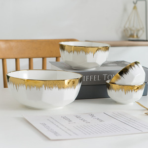 Tazón Cerámico Escandinavo Simple con Borde Dorado, Vajilla para Uso Doméstico, Elegante para Servir Ensaladas, Fideos y Arroz - Product Image 3