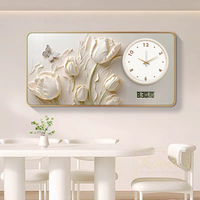 Lukisan Porselen Kristal Bunga Beige Mewah Terbaru 2026 dengan Jam Jarum Kalender, Dekorasi Rumah Floral untuk Ruang Tamu