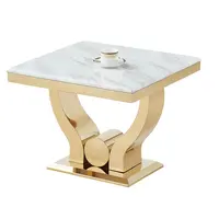 Mesa de centro de cristal cuadrada de lujo, mesa de mármol superior de acero inoxidable dorado