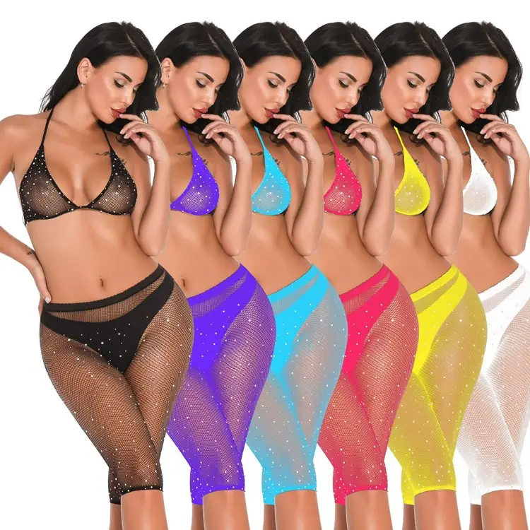 Women fashion 10 colors rhinestone sexy fishnet bra and panty shorts two piece set see through bikini lingerie