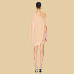 Tessuto Chiffon personalizzato tinta unita monospalla Sexy vita naturale parzialmente foderato orlo asimmetrico Mini abiti Casual - Product Image 4