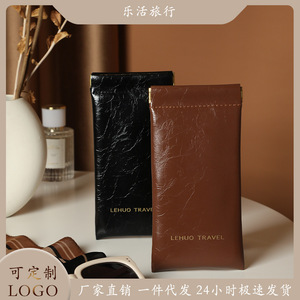 Lehuo Travel Sunglasses Case Brown Leather Automatic Closing <b>Spring</b> <b>Clip</b> Rectangle Eyeglasses Storage Bag - Product Image 4