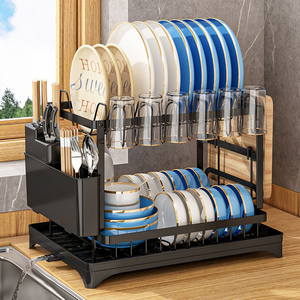 2025 Hot Selling Carbon Steel Black 2 <strong>Tier</strong> Tableware <strong>Dish</strong> Drying Drainer Dyer <strong>Rack</strong> with Cutlery Holder Made in China - Product Image 5