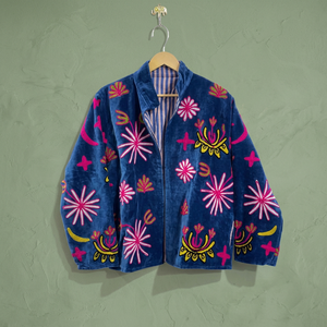 High Quality <b>Velvet</b> Floral <b>Jacket</b> <b>Women's</b> Mandarin Collar Full Sleeve Autumn Style Handmade Open Stitch Design 100% Cotton - Product Image 1