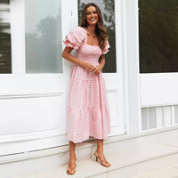 Printemps été dames Plaid Bubble Sleeve col carré plage vacances robe mi-longue