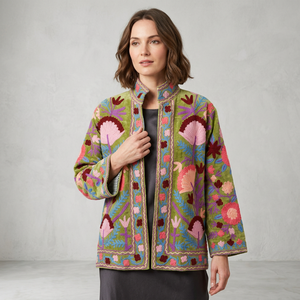 Veste pour femme en velours brodé 100% coton respirant, hiver/automne, logo frontal Suzani - Product Image 1