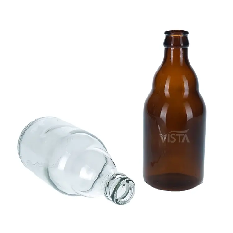 330ml Hot Sell amber clear Empty Glass Beer Bottle for Sparkling Wine Alcohol Juice Beverage with metal Crown Lid