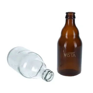 330毫升热销琥珀色透明空玻璃啤酒瓶，用于起泡葡萄酒酒精果汁饮料，带金属冠盖