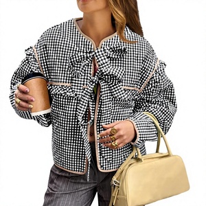 Veste en coton tissé à carreaux pour femme, 100% coton, manches bouffantes, col à volants et nœud sur le devant, style été - Product Image 3