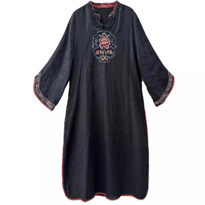 Chinese Style Cotton Linen Dress Mandarin Collar Embroidery Loose Fit Mid Length <b>Three</b> Quarter Sleeves Daily Wear Green Black - Product Image 5