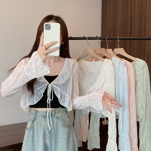 甘いフリルパッチワーク服女性用夏用薄いカーディガンデザインブラウスショートトップ - Product Image 2
