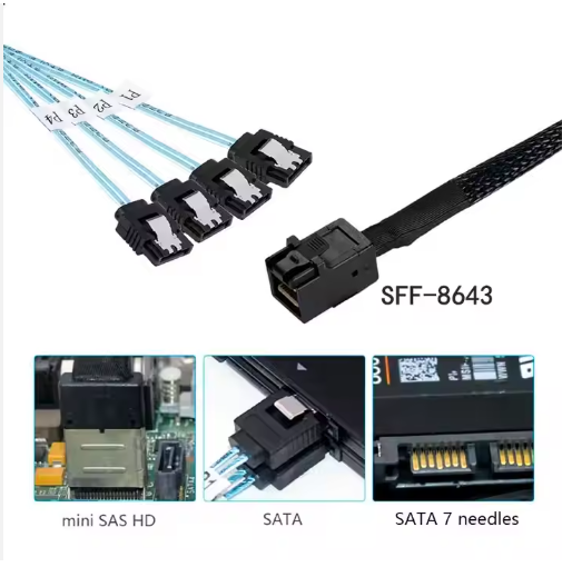HONPNK Mini SAS HD SFF-8643 to SATA Adapter with 4+MX2.54mm Terminal-4P PVC Jacket Data Cables for Computer Use