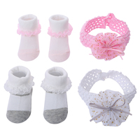 Chaussettes pour bébé en dentelle fleurie 100% coton avec ensemble de bandeaux pour bébé