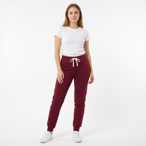 <b>Women's</b> Burgundy Mid Waist Jogger Sweatpants Drawstring Pockets <b>Cuffed</b> Hems Solid Casual Pants Quick-Drying Breathable Fabric - Product Image 1