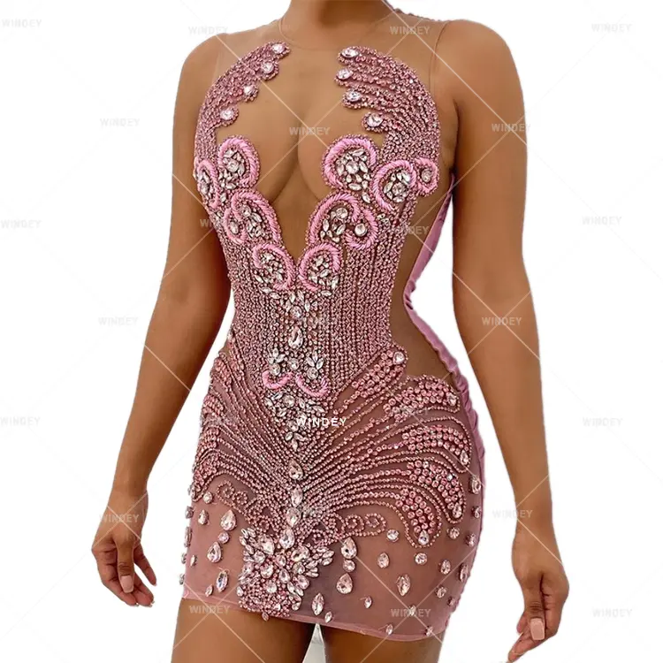 New Arrivals Pink Beaded Bodycon Luxury Rhinestone Applique Women's Dresses 2022 Sparkly Crystals Evening Gown Dress Elegant