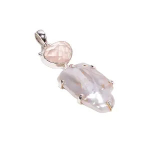 Ciondolo in pietra preziosa di perle barocche al quarzo rosa per le donne 925 gioielli in argento sterling all'ingrosso all'ingrosso fornitori di ciondoli in argento fine