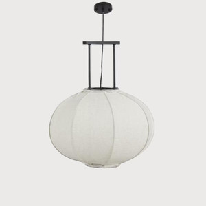 Lustre de style chinois en forme de melon d'hiver, abat-jour en lin, structure en métal noir, luminaire suspendu pour la décoration de salons de thé et de restaurants - Product Image 1