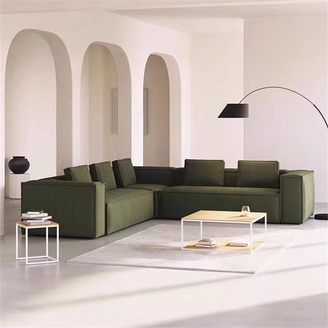 China Factory Modern Green Vacuum Compressed L Shape Sofa Flannelette Fabric Sponge Filled Sectional Couch for Living Room
