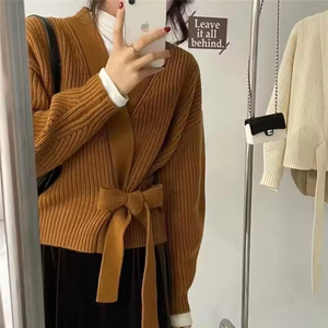 Pull décontracté pour femme, col en V croisé, anti-boulochage, uni, manches longues, mélange de viscose, tricoté à la machine, 260g, coupe ample, automne-hiver - Product Image 2