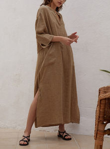 All'ingrosso personalizzare il servizio OEM tessuti eco-friendly in lino 100% stile t-shirt lungo per ragazze vestito a manica lunga con <span class=keywords><strong>colletto</strong></span> mandarino donna - Product Image 5