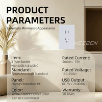 Enchufe de Pared Eléctrico Tipo 2, Enchufe Universal de 3 Polos con USB A y USB C, Estándar Sudamericano