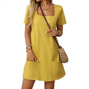 Robe courte jaune à col carré et manches courtes avec poches, coupe trapèze décontractée, couleur unie, pour femme, idéale pour l'été - Product Image 3