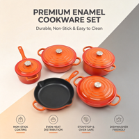 Batterie de cuisine émaillée en fonte 5 pièces, comprenant faitout classique, poêle et couvercle, compatible tous feux et fours, casseroles OEM pour la cuisson