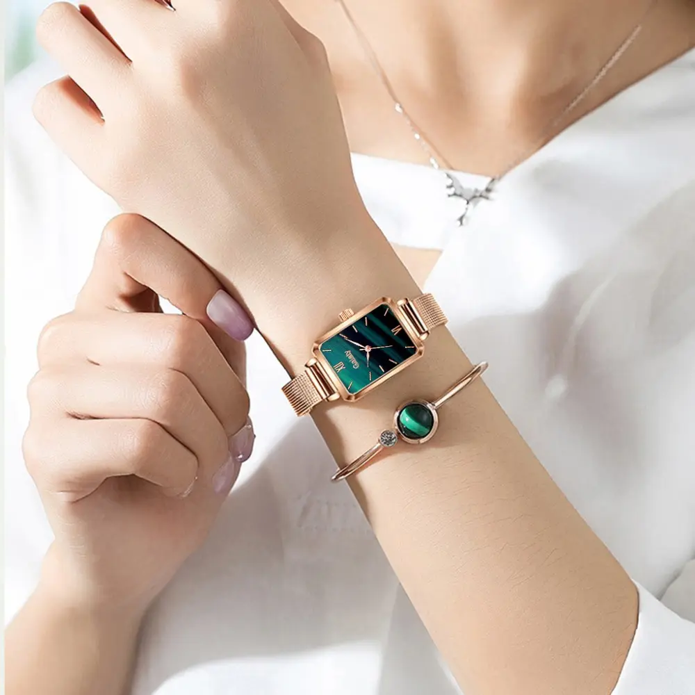 2022 Women Watches Fashion Square Ladies Quartz Watch Bracelet Set With Box Green Dial Simple Rose Gold Luxury Women Watches