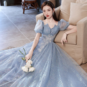 Women's Evening Gown Blue Empire Waist Sweetheart Neckline Ball Gown <b>Glitter</b> Dress For Vocal Arts Examination Annual Meeting - Product Image 2