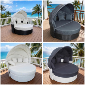 Fabricant professionnel : Lit de repos modulaire convertible en rotin rond avec auvent pour hôtels et complexes hôteliers commerciaux - Product Image 3