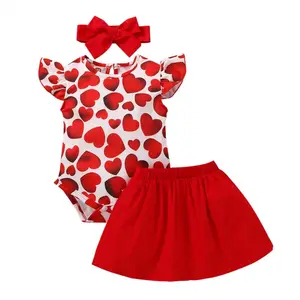 China Supplier Fly Sleeve Hearts Prints Romper Bodysuit Skirt Headbands Infant Girls Valentine's Day Clothing Set VGCS-005
