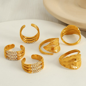 Anillos de Moda con Diseño de Pluma Dorada, Banda Abierta, Engaste Pavé, Ajustables, Joyería Unisex, Regalo - Product Image 1